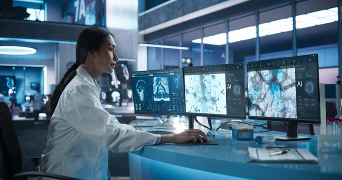 Asian Female Scientist Works at a Multi-monitor Computer in a Clinical Lab, Reviewing AI Microscopy, CT Scans and Cell Maps to Accelerate Diagnosis, Drug Targeting and Patient Care. Medium Side Shot.