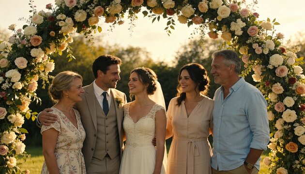 Standing family group of five beneath large floral arch at garden, showing lace gown and suit