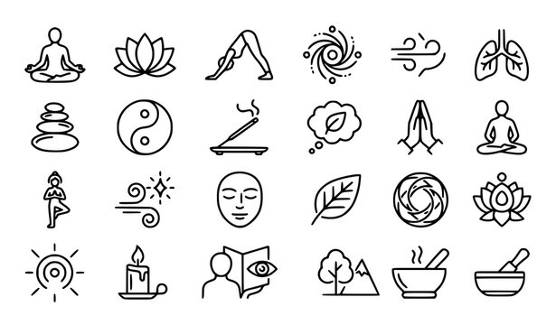Zen meditation and yoga outline icons vector set with editable linear wellness symbols collection