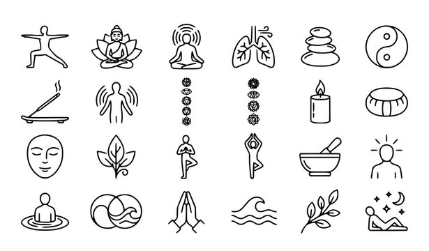Yoga meditation and mindfulness line icons collection with editable outline vector stroke set