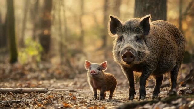 Wild boar with piglet in forest at sunset. Mother's Day, Mothering Sunday, Dia de la Madre - Global Maternal Celebration, Worldwide Family Holiday