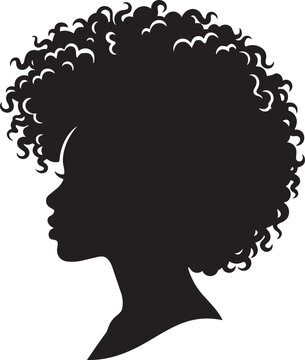Silhouette of woman with curly afro hair profile view isolated on transparent background, Vector