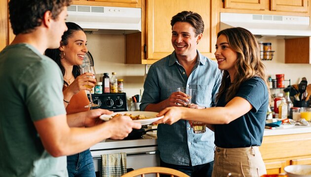 Handing plate, man in green tee passing dinner plate while friends holding drinks in home kitchen