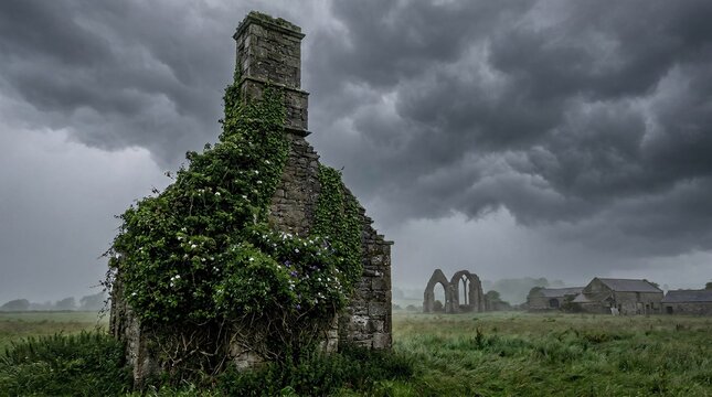 Weathered stone chimney completely overgrown with lush flowering green ivy, set against a dramatic stormy gray sky with dark rolling cloud.