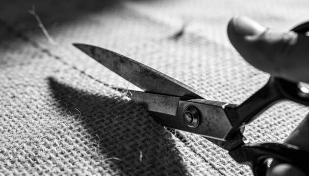 Cutting metal scissors held by hand slicing burlap on craft table, with pivot screw, loose fibers