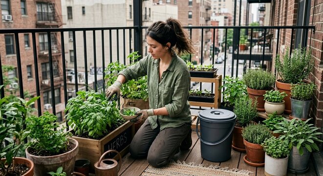 Apartment renter harvesting balcony herbs beside a compost pail and reusable planters