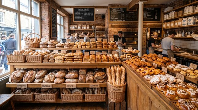 Bakery display case with assorted breads and pastries
bakery,bread,pastry,loaf,artisan,display case,storefront,shop interior,assorted,stacked,food,flour,brown,crusty,homemade,fresh,baked