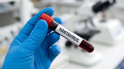 Fototapeta premium Scientist hand holding Hantavirus test tube in laboratory. Medical research, infectious disease testing, diagnostic safety and lab procedures concept.
