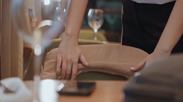 Server adjusts coat on green chair, white waitress smoothing fabric while prepping table in lively cafe wine glass and phone on table, apron and counter visible, quick careful gesture places jacket