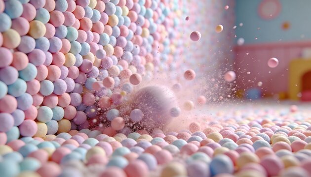 Hitting large pastel sphere scattering pastel balls against packed wall in ball pit, powder rising