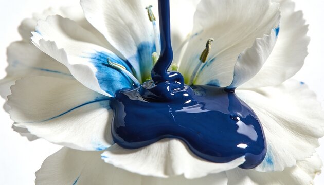Pouring deep-blue paint pooling over white ruffled flower center in studio, with visible stamens