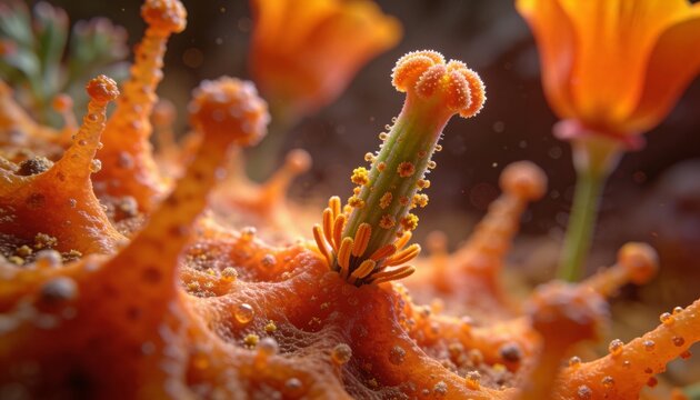 Focusing pistil showing style, stigma at garden macro with stamens, pollen, dew, textured petals