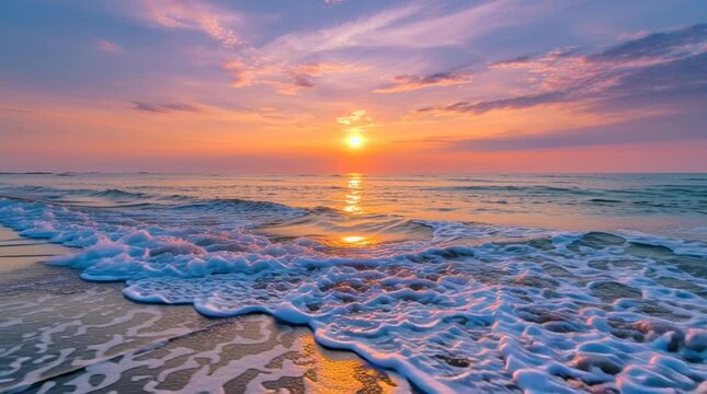 Colorful sunset over the sea with gentle waves on a sandy beach and vibrant clouds reflected in the water, creating a peaceful relaxing seascape.