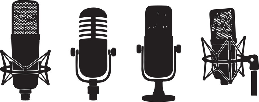 studio microphone icon set, black podcast mic vector collection, audio recording symbol design