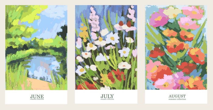 Abstract field, garden, wild flowers set. Summer landscape scene wall art or placard with pastel colored wax crayons drawings. Watercolor flower aesthetic for greeting wedding card and t-shirt print.