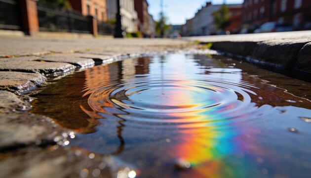 Rippling shallow puddle showing concentric ripples reflecting rainbow on cobble street, raised curb