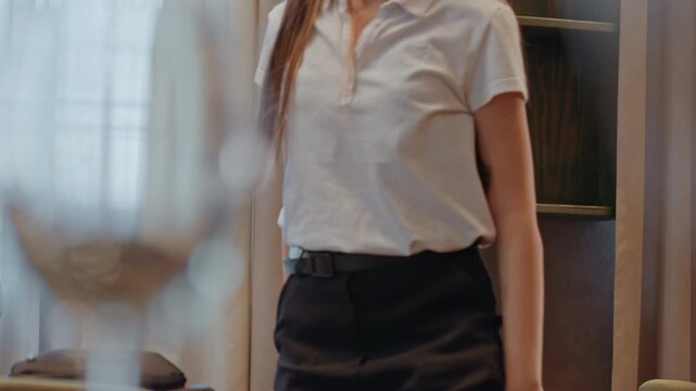 Caucasian woman slouched in hotel chair, late afternoon light, eyeglasses, white blouse, hand on head, soft curtains, muted palette, slow movement to stand, jacket draped, calm yet tired mood,