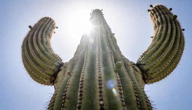 Rising saguaro cactus reaching upward in desert near sun, showing ribs-and-spines, buds, lens-flare