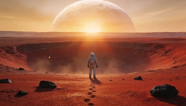 Standing suited astronaut facing horizon near crater rim on red plain, with footprints, helmet pack