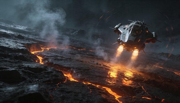 Descending futuristic spacecraft firing thrusters and casting orange glow on lava rifts, copy space