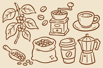 Obraz premium Coffee Beans Cafe Brown Ink Sketch Set Vector