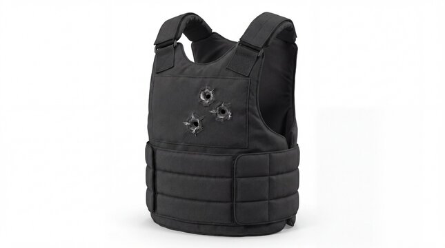 Black tactical bulletproof vest with three distinct circular impact holes displayed on white background