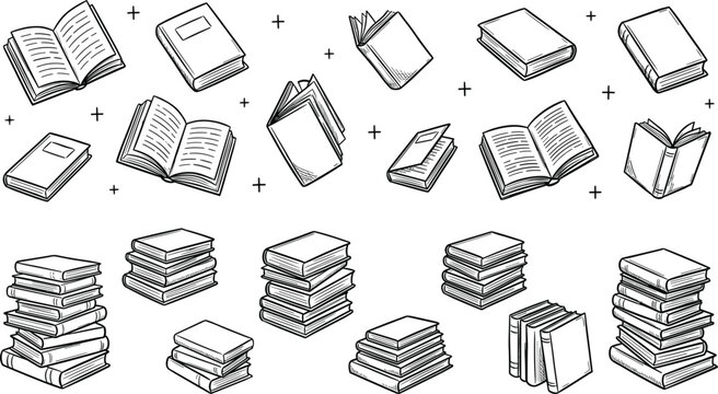 Large Collection of Hand Drawn Book Icons and Stacks for Education Library Reading Literature Study Materials Bookstore Promotion and Academic Publishing Vector Graphics