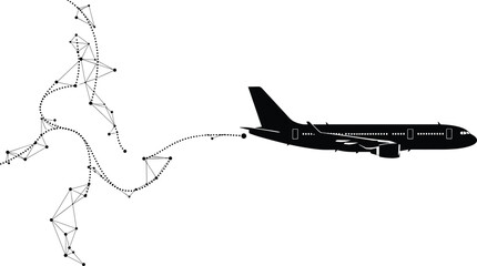 Abstract Airplane Flight Path with Geometric Network World Map Silhouette for Global Travel and Aviation Concept Design © MdShaheen