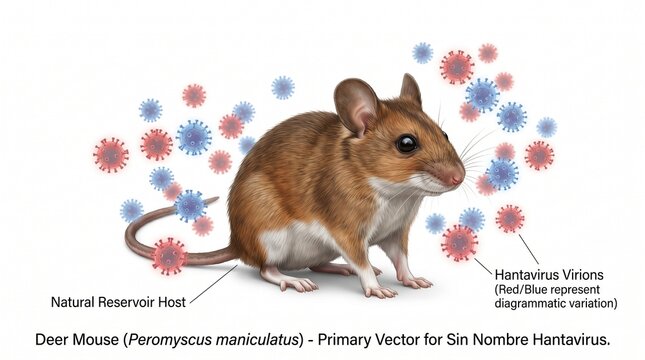 Educational Medical Illustration of a Deer Mouse and Hantavirus Particles Explaining Viral Shedding and Zoonotic Transmission