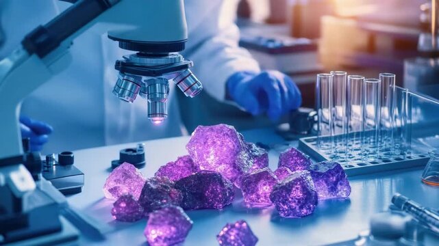 Scientist analyzing purple crystals under microscope in laboratory setting