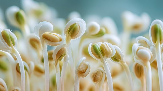 Fresh bean sprouts grow in a dense group under natural lighting.