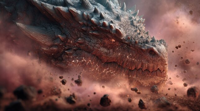 Close up of spiked dragon head emerging through dust with cracked lava skin and flying debris