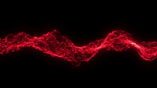 abstract red energy wave pulsating on black background, digital data stream or sound visualization, technological power flow