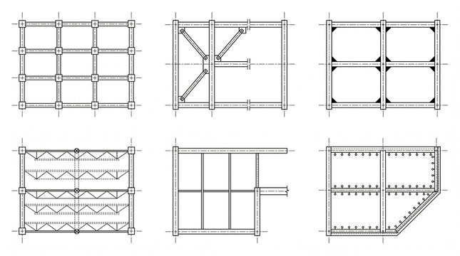Six Structural Steel Frame Plans &ndash; Column Grid, Braced Frame, Moment Frame, Truss Layout, Mezzanine, Composite &ndash; 2&times;3 Grid