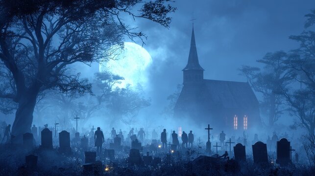 Spooky Cemetery at Night with Church and Full Moon.