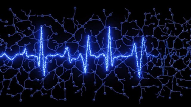 Blue glowing electrocardiogram waveform pulse line over a dark background with interconnected neural network nodes, representing health, medicine, and science