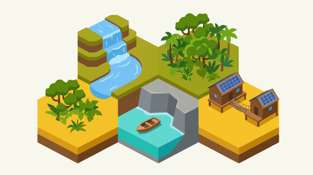 Isometric landscape with water and solar panels.