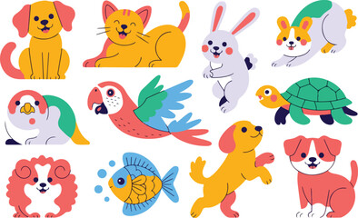 Naklejka premium Cute cartoon pet characters set adorable happy puppy kitten rabbit dog turtle bird fish vector illustration.