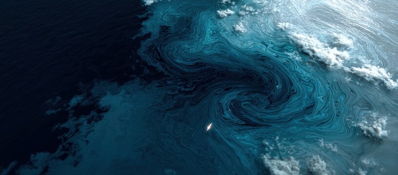 Aerial view of swirling ocean currents and waves from above.