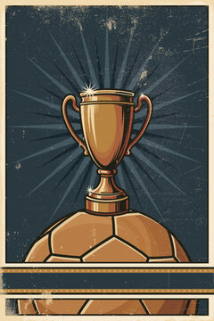 Soccer tournament promotion poster retro style vertical template with scratches and stains texture have blank space.