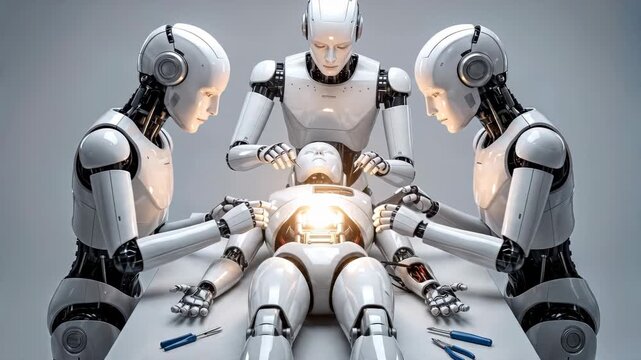 Humanoid robots performing maintenance on another android. Futuristic technology and artificial intelligence concept. Static wide shot.