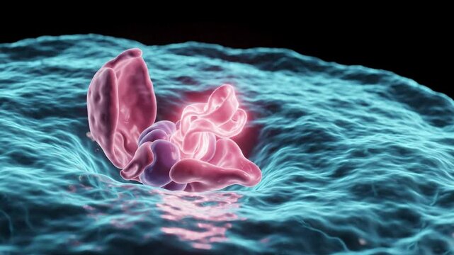 Close up 3D rendering of protein synthesis, ribosomal machinery assembling polypeptide chain within cellular environment