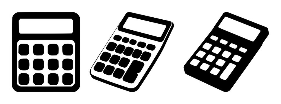 Accounting calculator set with solid black silhouette icon against white background featuring accounting, calculator, finance with business and paperwork illustration