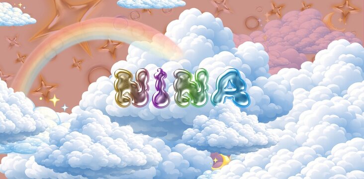 Nina name. Colorful 3D Cloud Fantasy Background with Glossy Balloon Letters. Dreamy Sky, Stars and Soft Clouds Illustration.