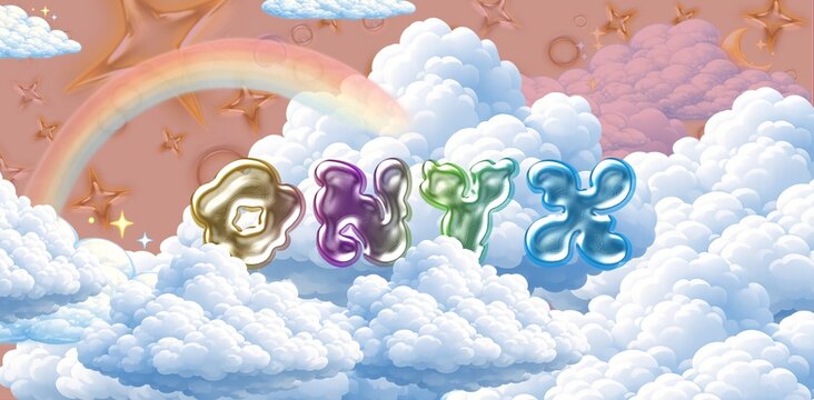 Onyx name. Colorful 3D Cloud Fantasy Background with Glossy Balloon Letters. Dreamy Sky, Stars and Soft Clouds Illustration. 