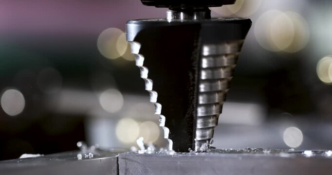 Super Slow Motion Conical Step Drill Aligning Over Test Plate With Bokeh