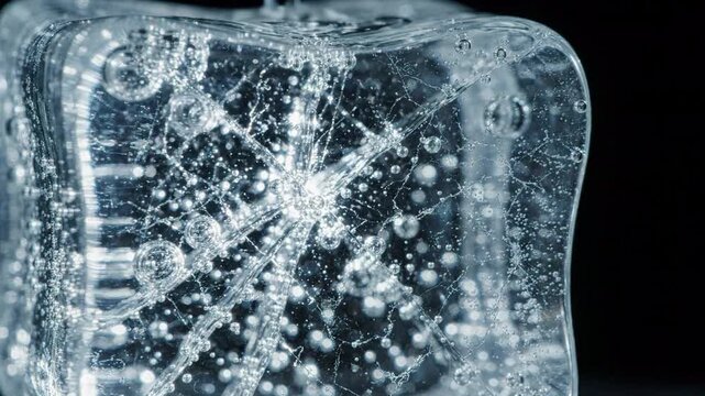 closeup extreme macro shot of a cracked ice cube with trapped air bubbles and internal fractures on a dark background, cold abstract texture