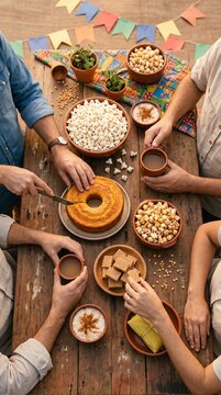Mesa t&iacute;pica de festa junina brasileira com comidas tradicionais e decora&ccedil;&atilde;o colorida em ambiente rural acolhedor