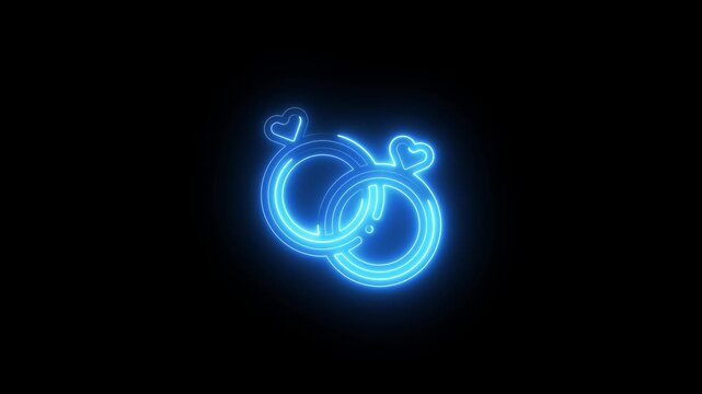 Interlocking blue neon rings with heart accents on black background abstract alliance