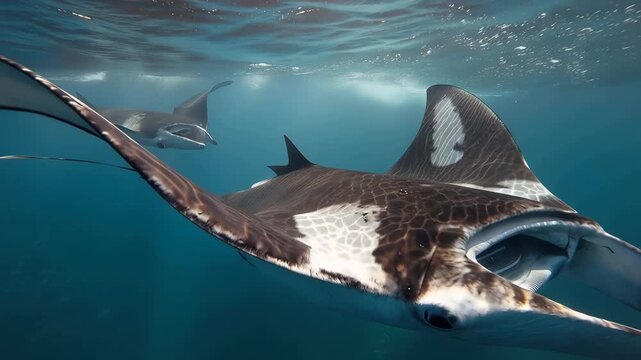 Majestic Manta Rays Gliding Through Sunlit Deep Blue Ocean